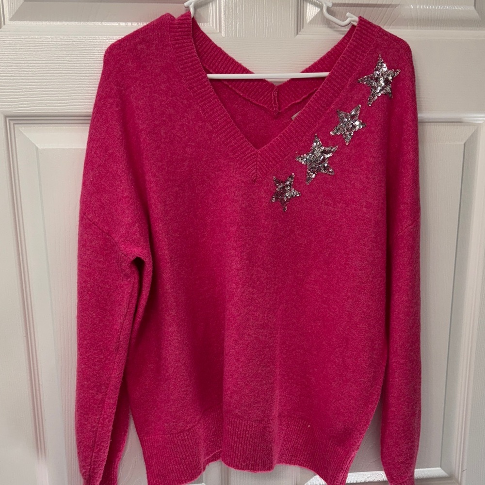 LOFT Pink V-Neck Sweater with Rhinestone Star Detail Size XL